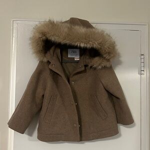 Zara Girls Pea Coat with Faux Fur Collar Size 3-4 Y